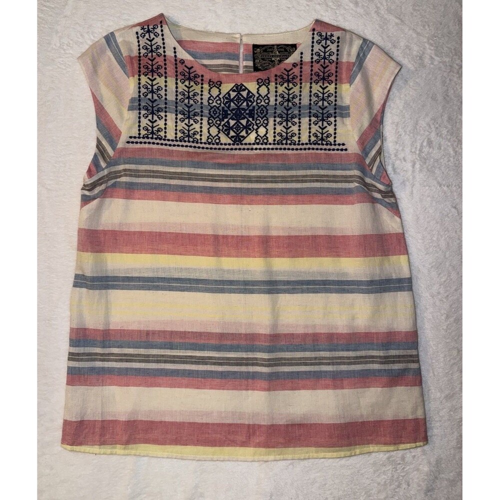 Anthropologie James Coviello Embroidered Striped‎ Linen Blend Blouse Top Sz M